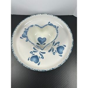 Heart Bowl Chip Dip Platter Set Blue Floral Country Kitchen Ceramic